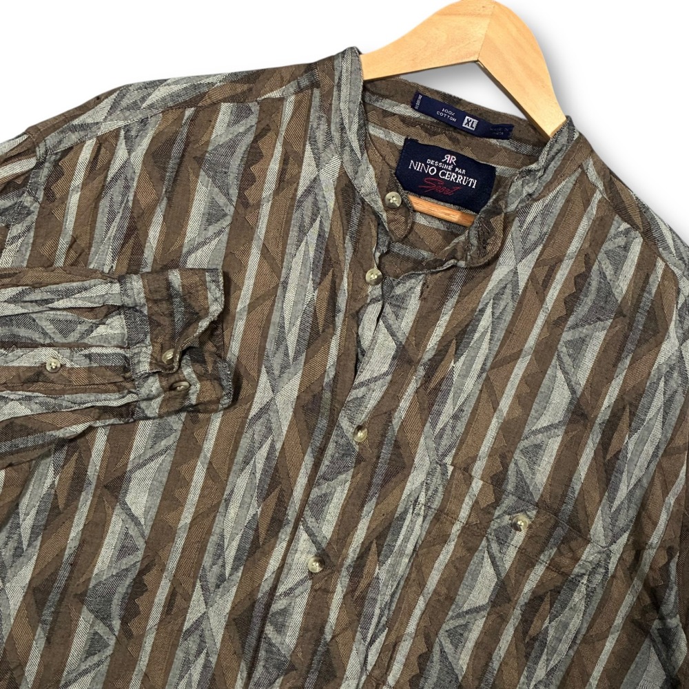 Nino Cerruti Sport Geometric‎ Print Button Down Long Sleeve Shirt Men's XL Brown